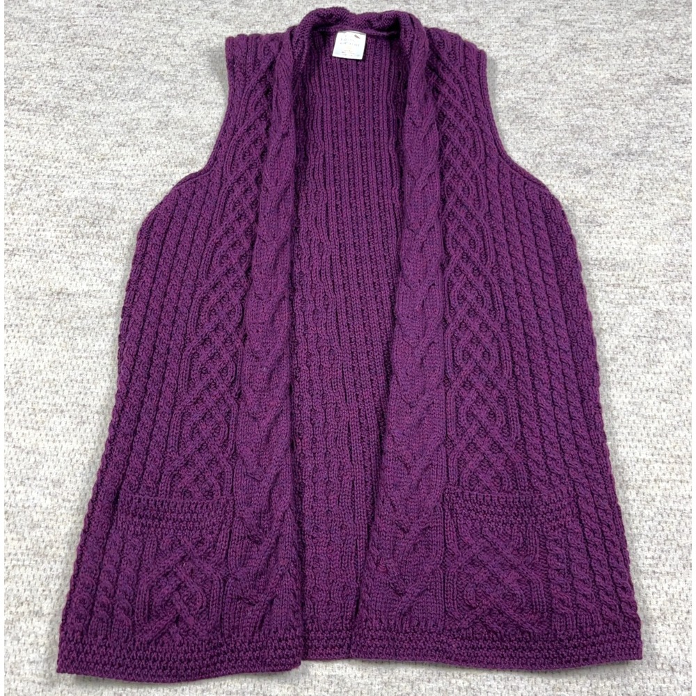 Kilronan Sweater Vest Women XL Purple Wool Cable Knit Open Front‎ Fishermen